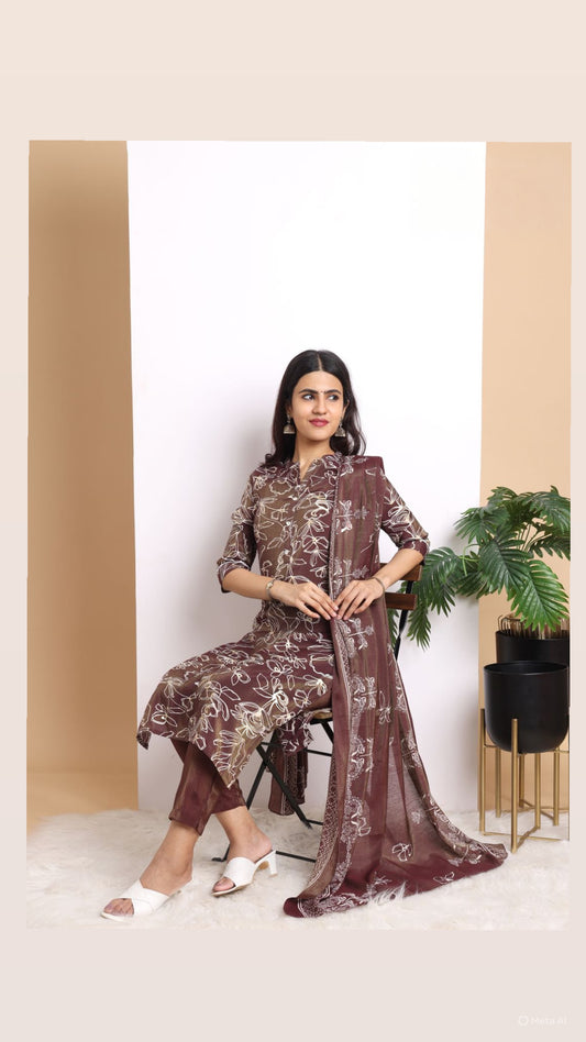 Coffee Brown Floral Pant Set with Dupatta