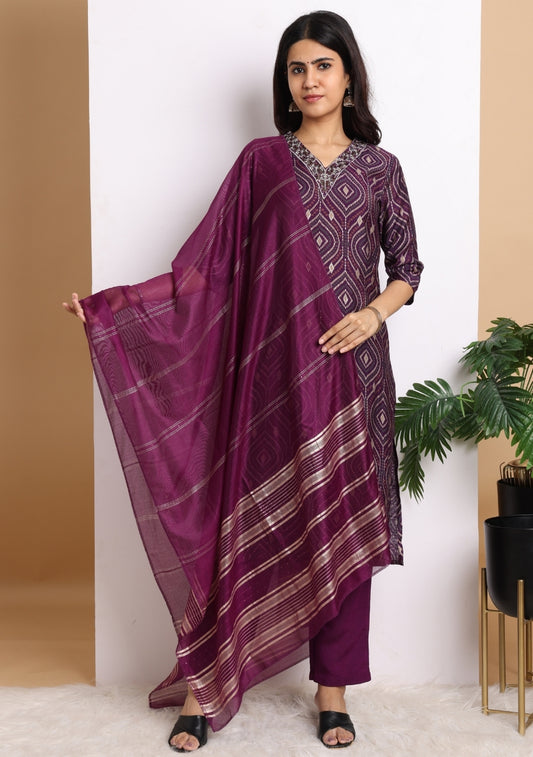 Dark Purple Geometric Print Pant Set with Dupatta