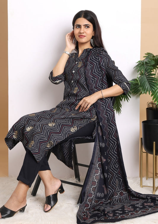 Black Geometric Print Pant Set with Dupatta
