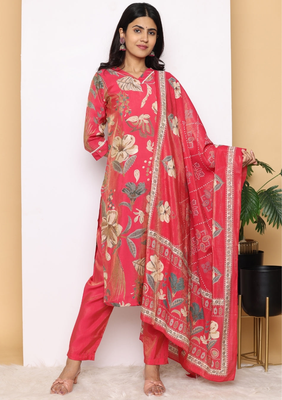 Scarlet Blossom Pant Set with Dupatta