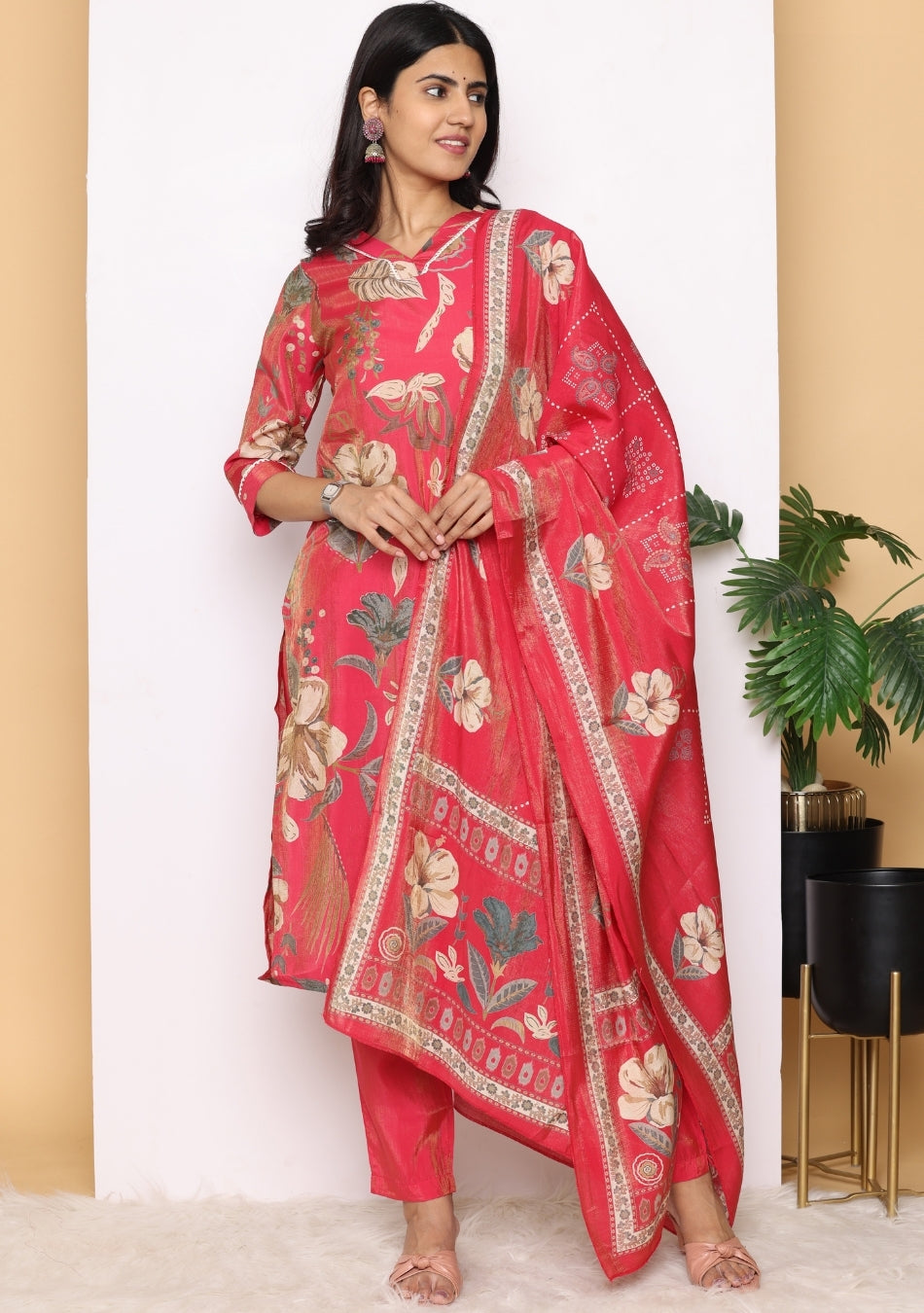 Scarlet Blossom Pant Set with Dupatta