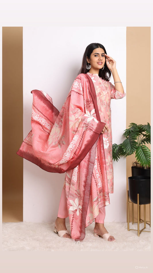 Blush Pink Floral Pant Set with Dupatta