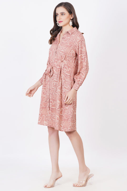 Brown abstract Straight Fit Dress with Belt