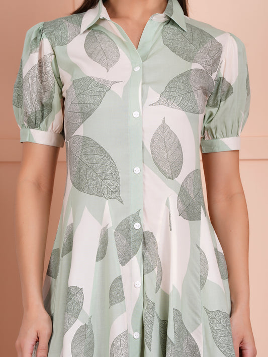 Green Leaf Short Midi Dress