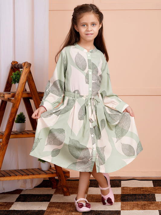 Garden Leaf Belted Girl's Dress