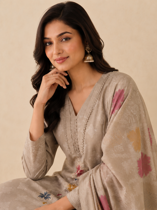 Beige Blossom Embroidered Plazzo Set with Dupatta