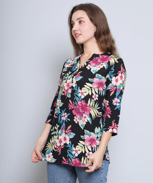 Black with Vibrant Tropical Flower Top