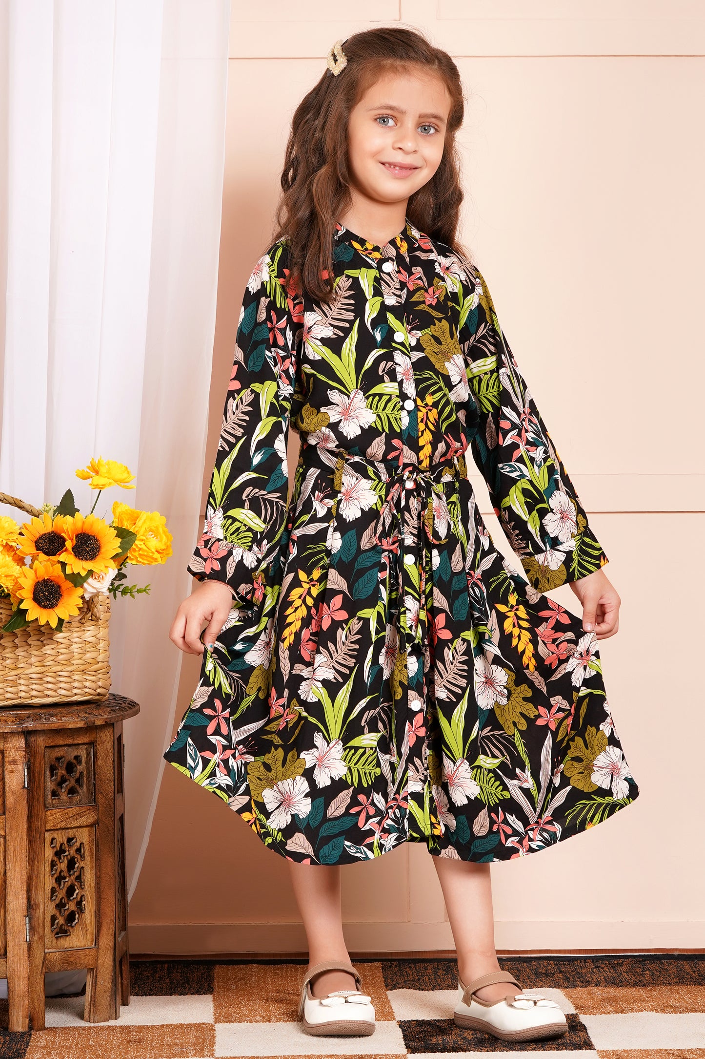 Tropical Floral Belted Girl's Dress