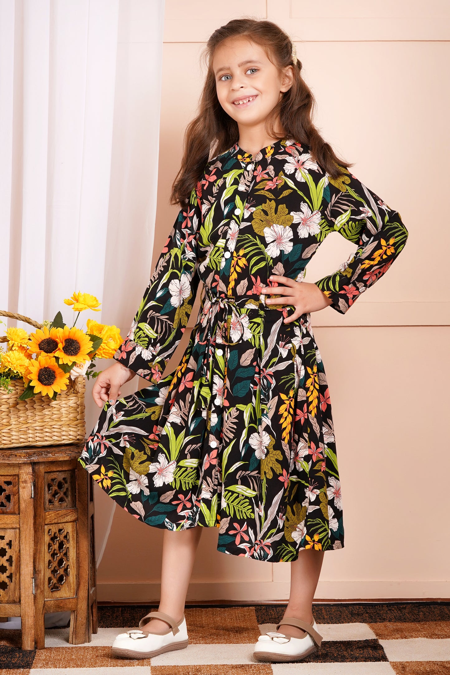 Tropical Floral Belted Girl's Dress