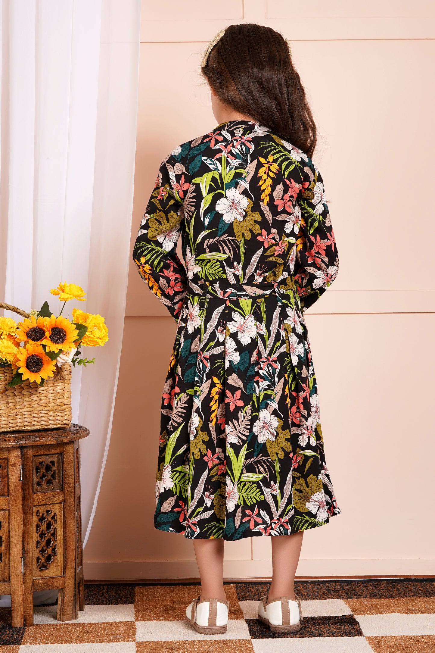 Tropical Floral Belted Girl's Dress