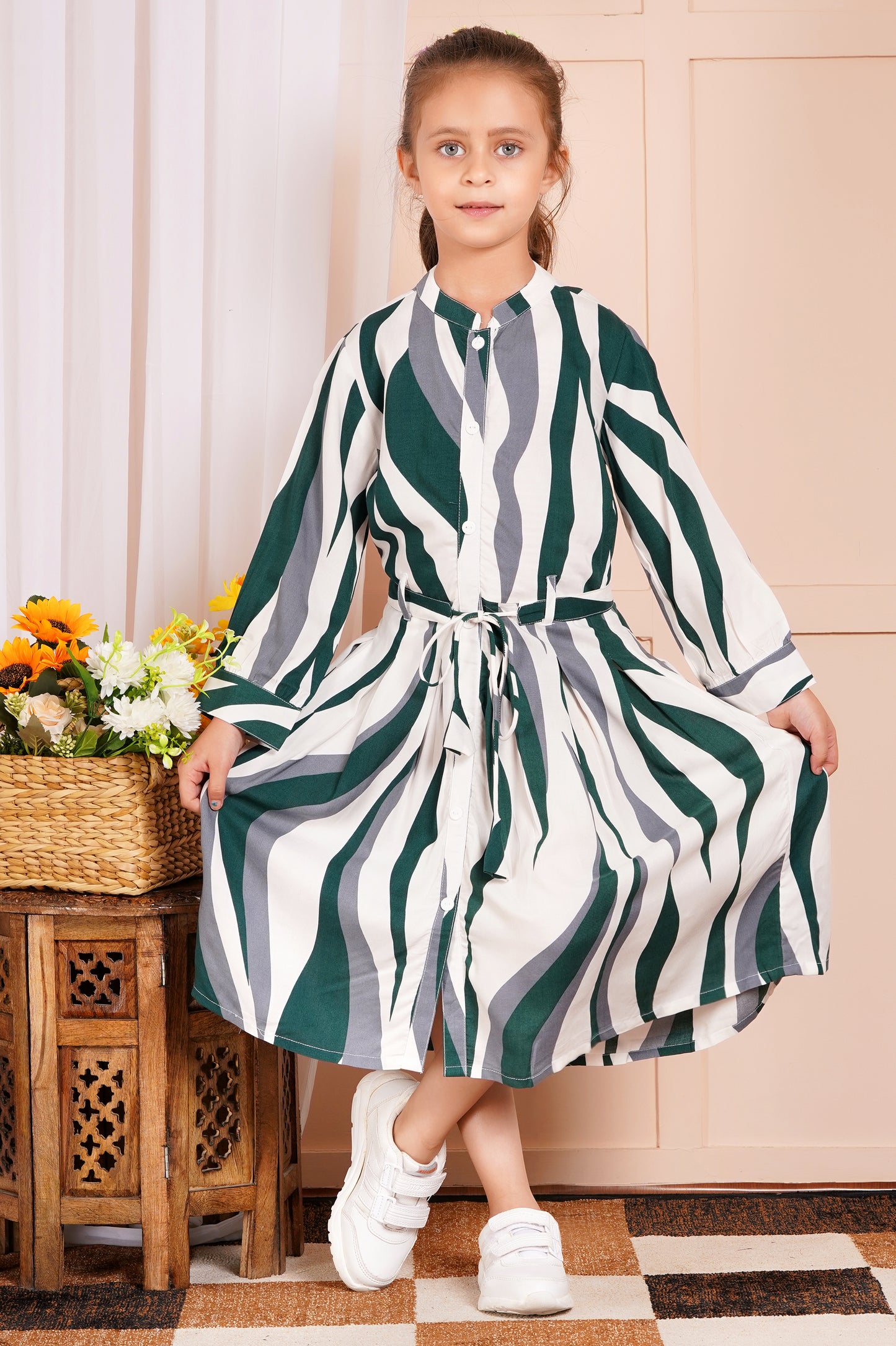 Wavy Wanderer Striped Belted Girl's Dress