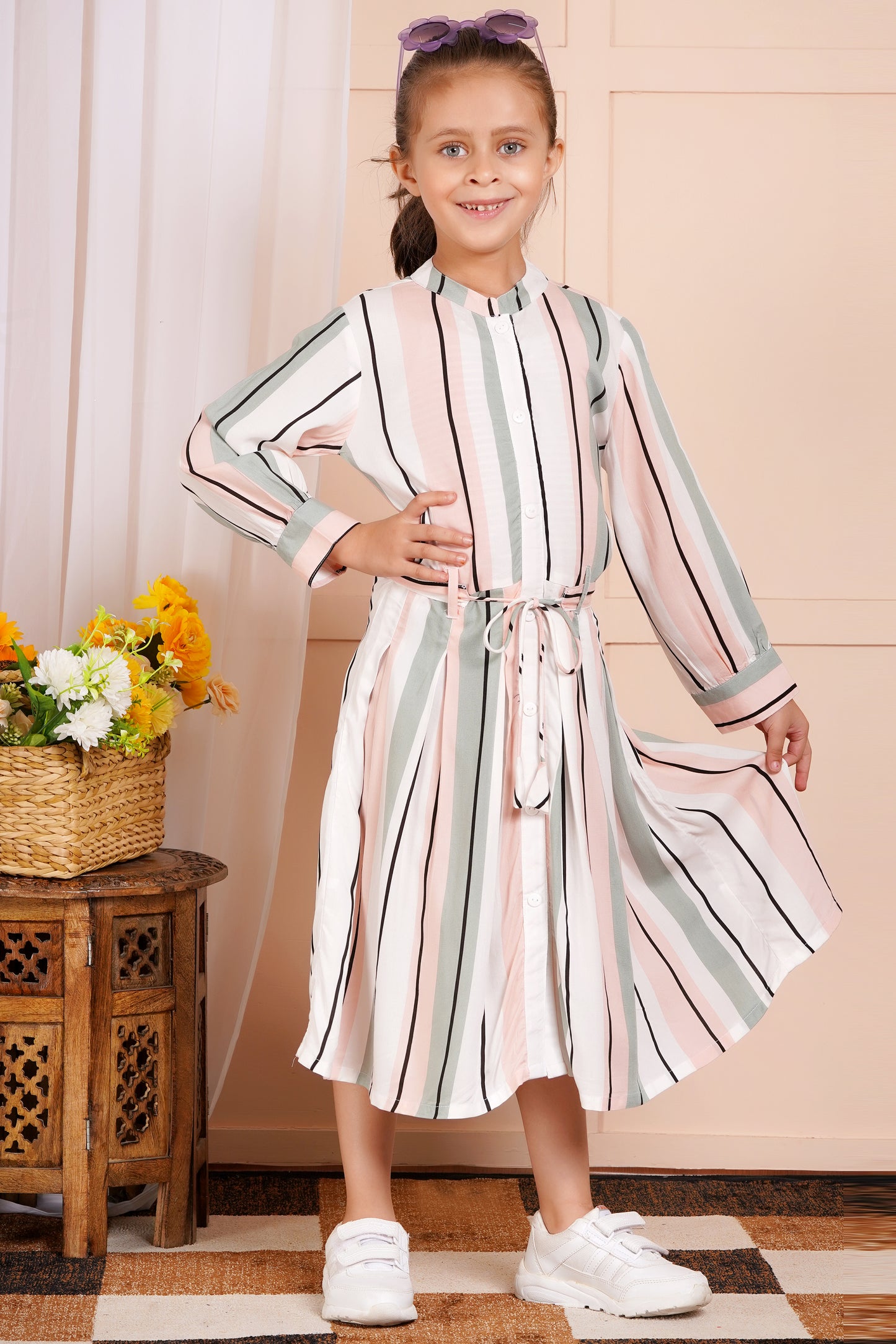 Pastel Pinstripe Belted Girl's Dress
