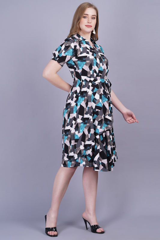 Blue Abstract Wrap-on Side Belt Dress