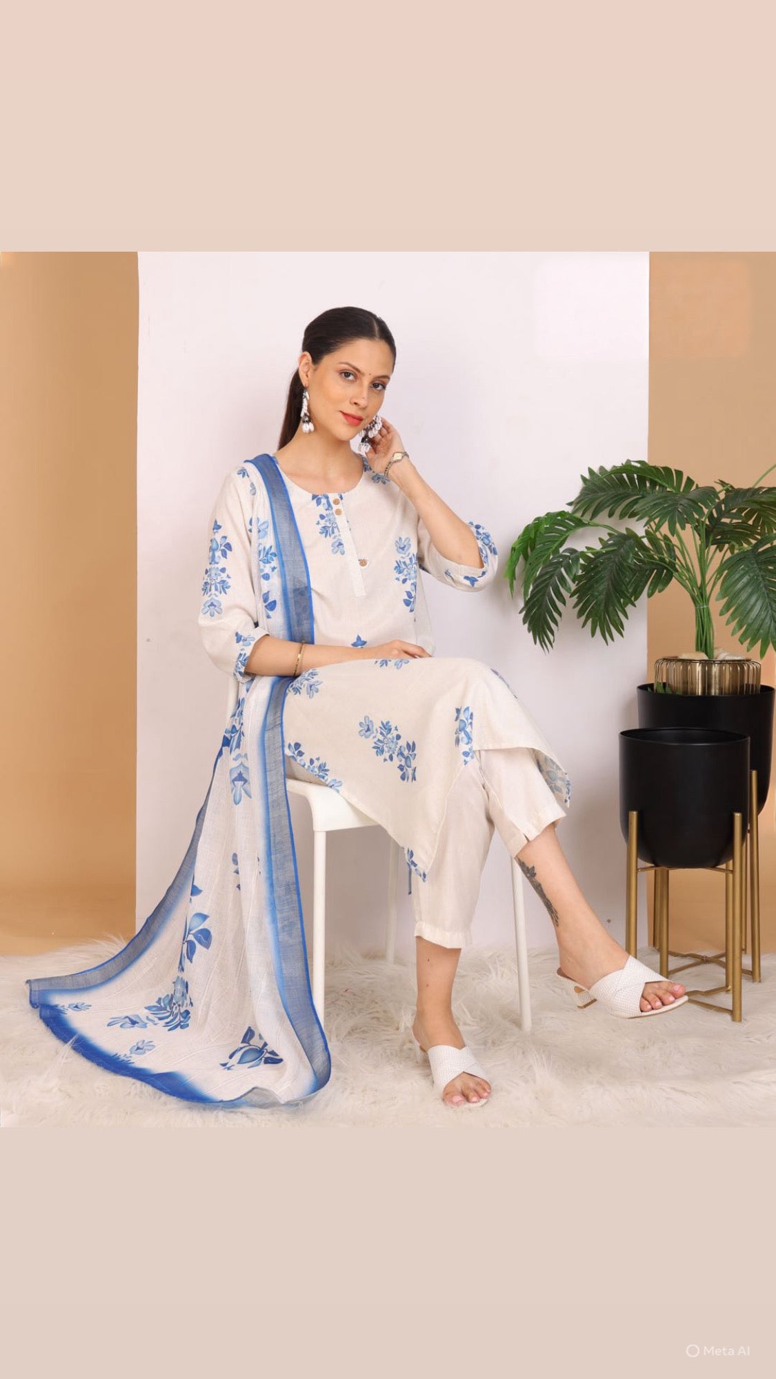 Blue Blossom Pant Set with Dupatta