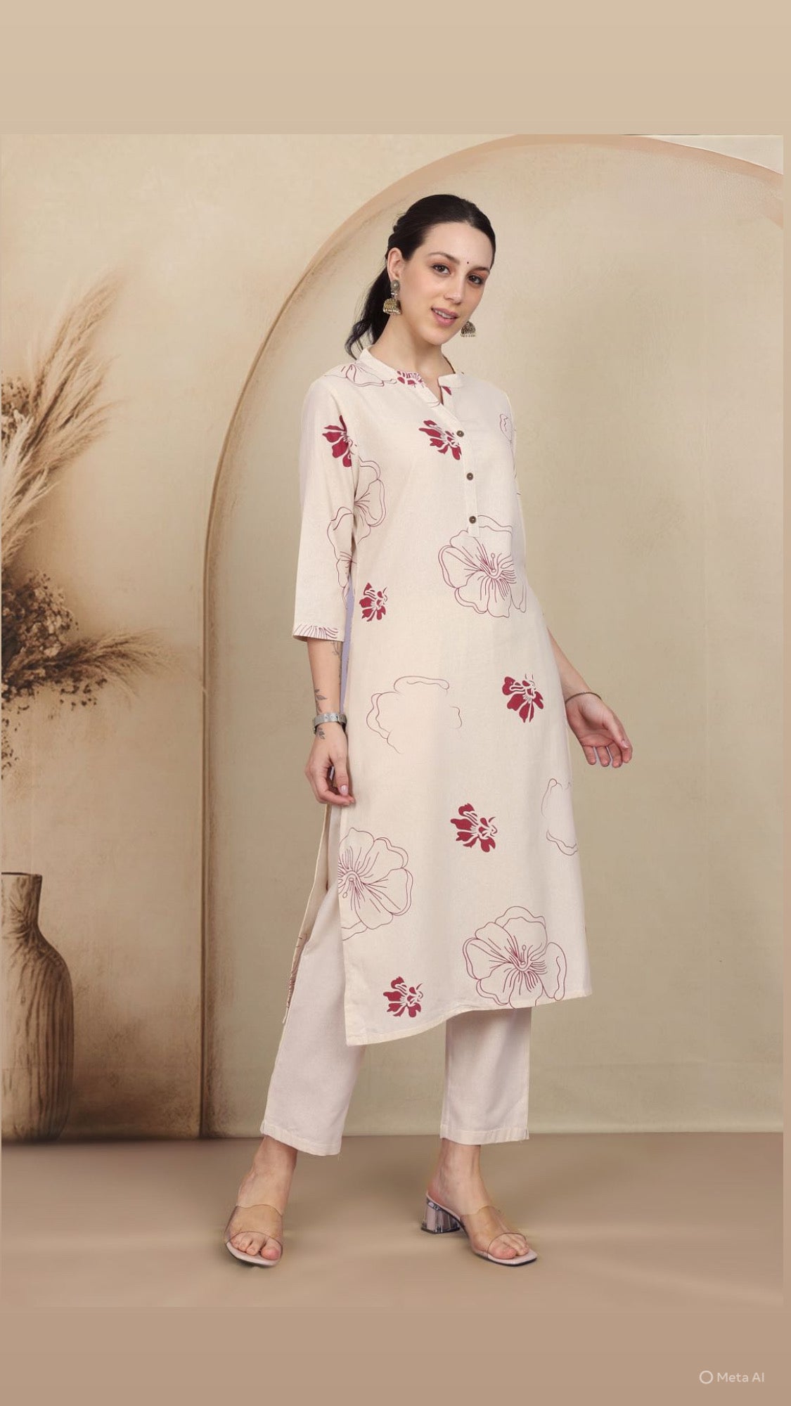 Floral Beige Pant Set without Dupatta