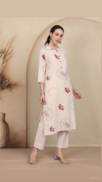 Floral Beige Pant Set without Dupatta