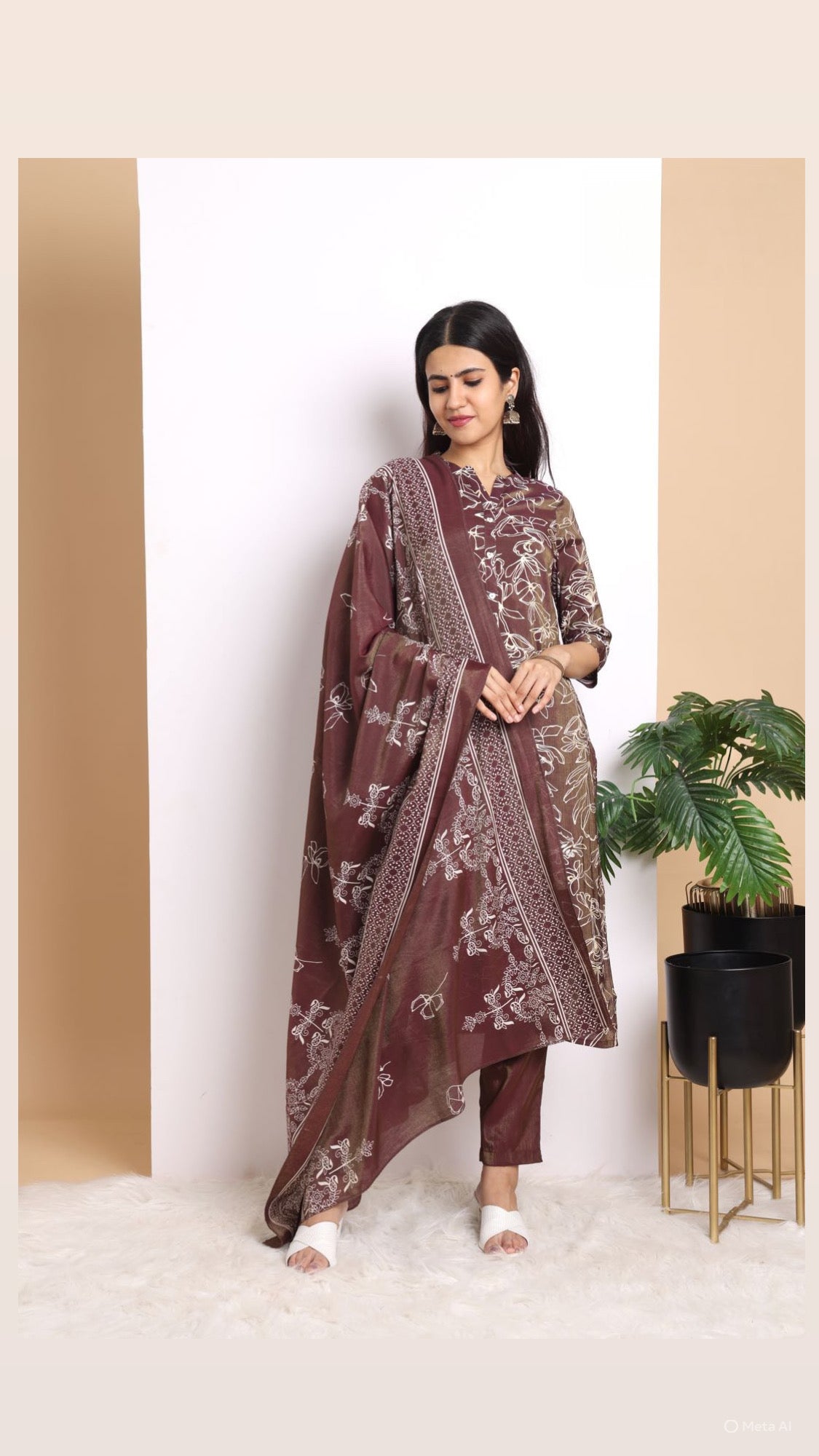 Coffee Brown Floral Pant Set with Dupatta