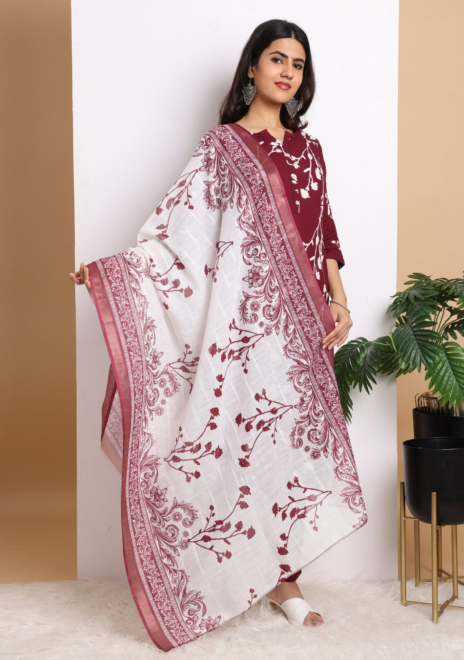 Wine Blossom Ensemble Pant Set with Dupatta