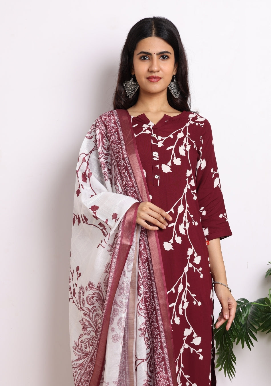 Wine Blossom Ensemble Pant Set with Dupatta