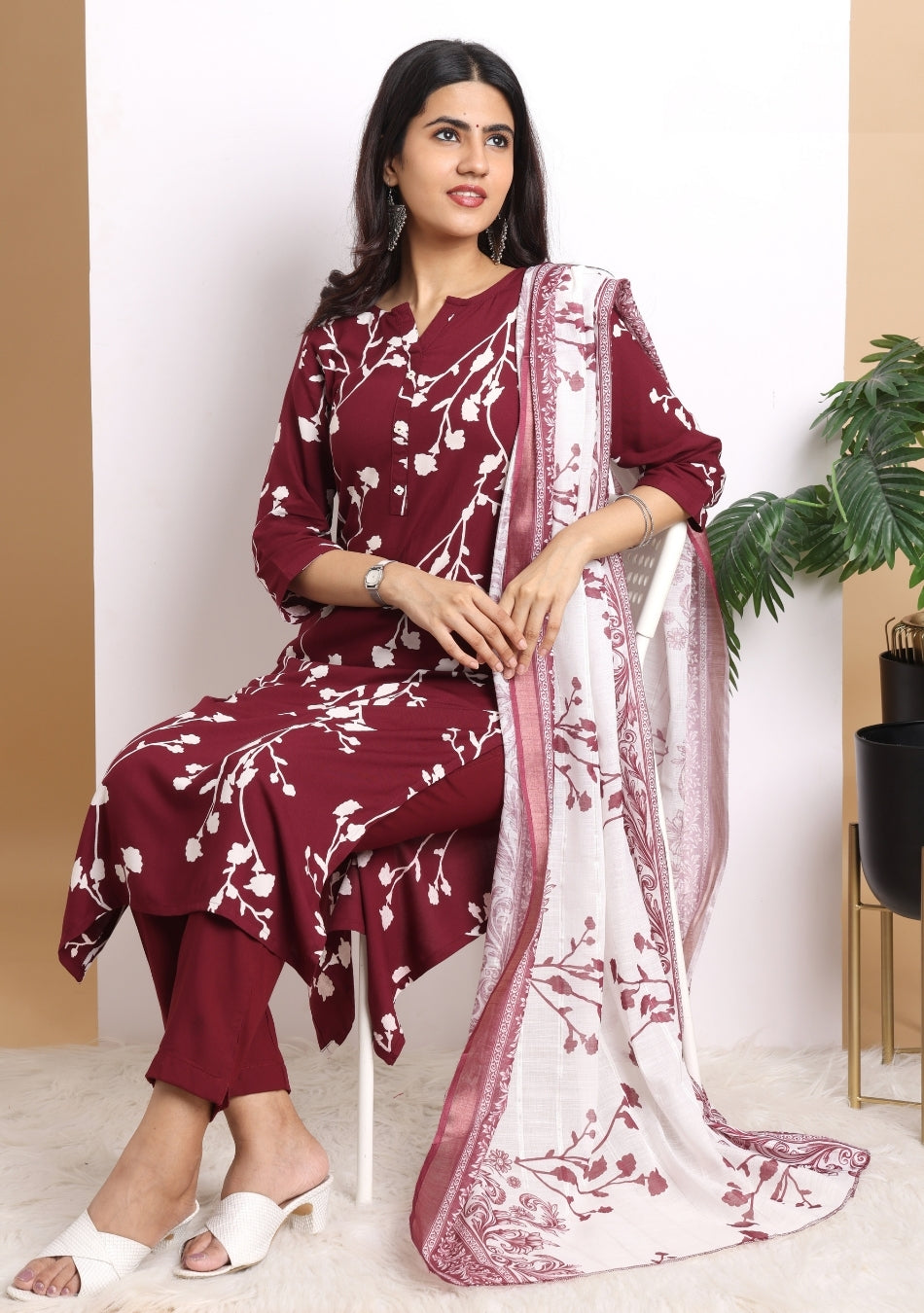 Wine Blossom Ensemble Pant Set with Dupatta
