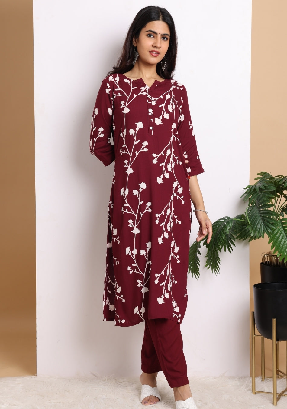 Wine Blossom Ensemble Pant Set with Dupatta
