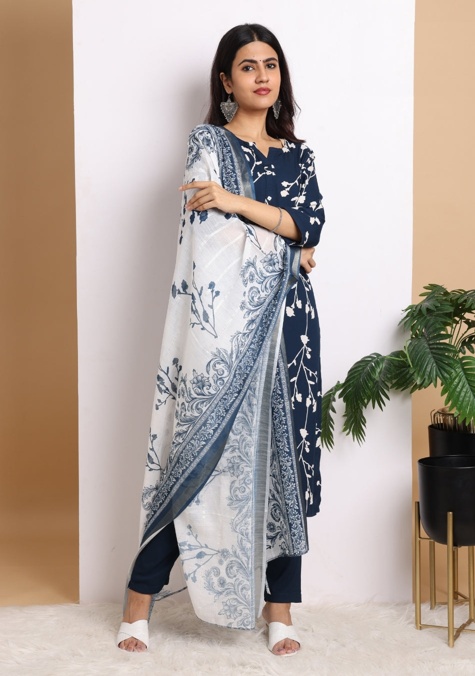 Navy Blue Blossom Ensemble Pant Set with Dupatta
