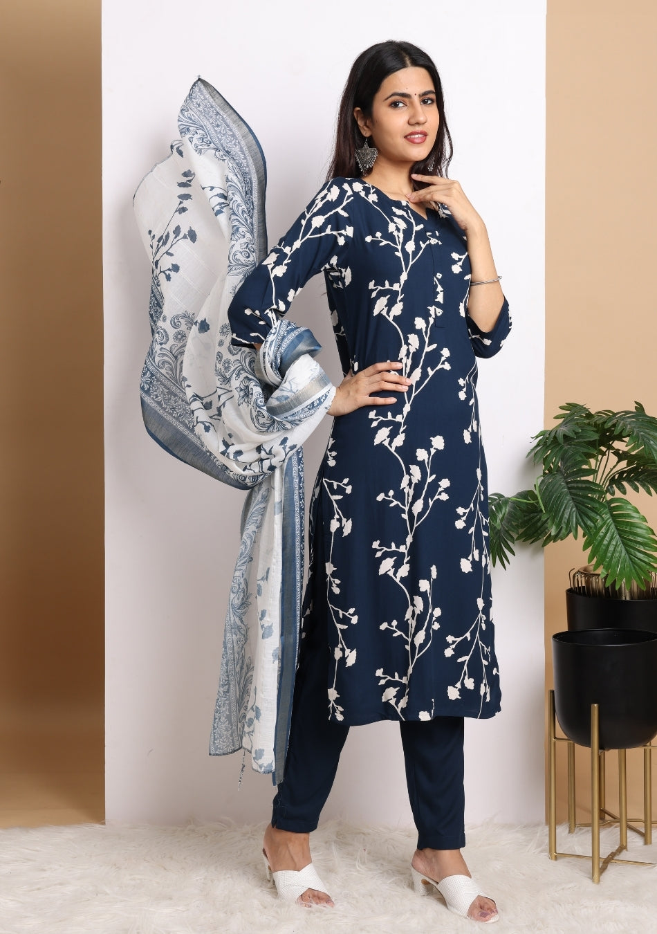 Navy Blue Blossom Ensemble Pant Set with Dupatta