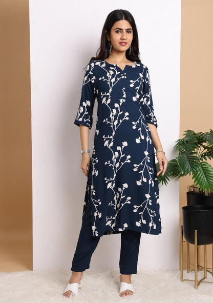 Navy Blue Blossom Ensemble Pant Set with Dupatta
