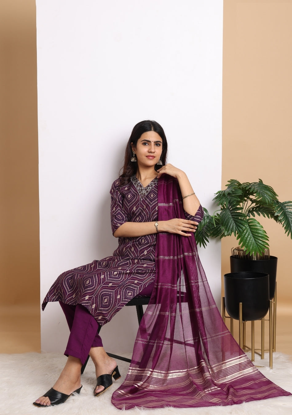 Dark Purple Geometric Print Pant Set with Dupatta