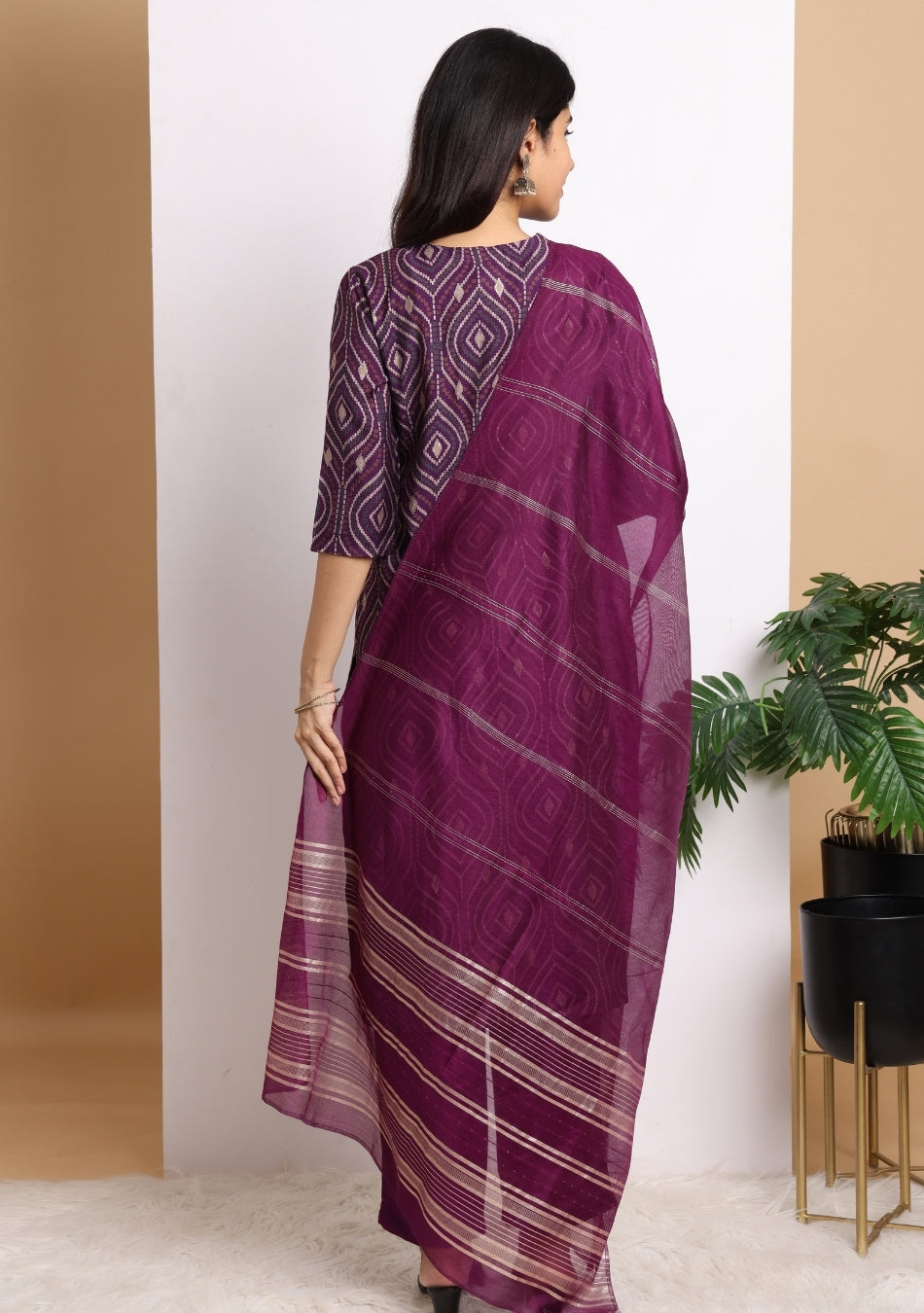Dark Purple Geometric Print Pant Set with Dupatta