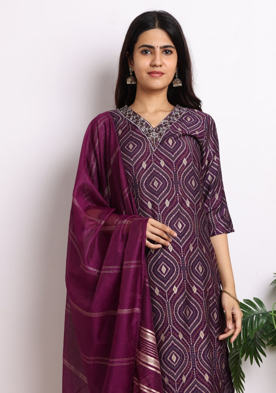 Dark Purple Geometric Print Pant Set with Dupatta