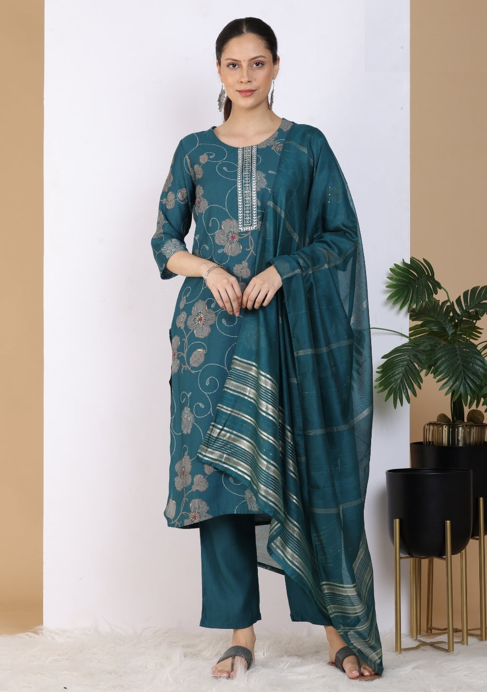 Teal Floral Embroidered Pant Set with Dupatta