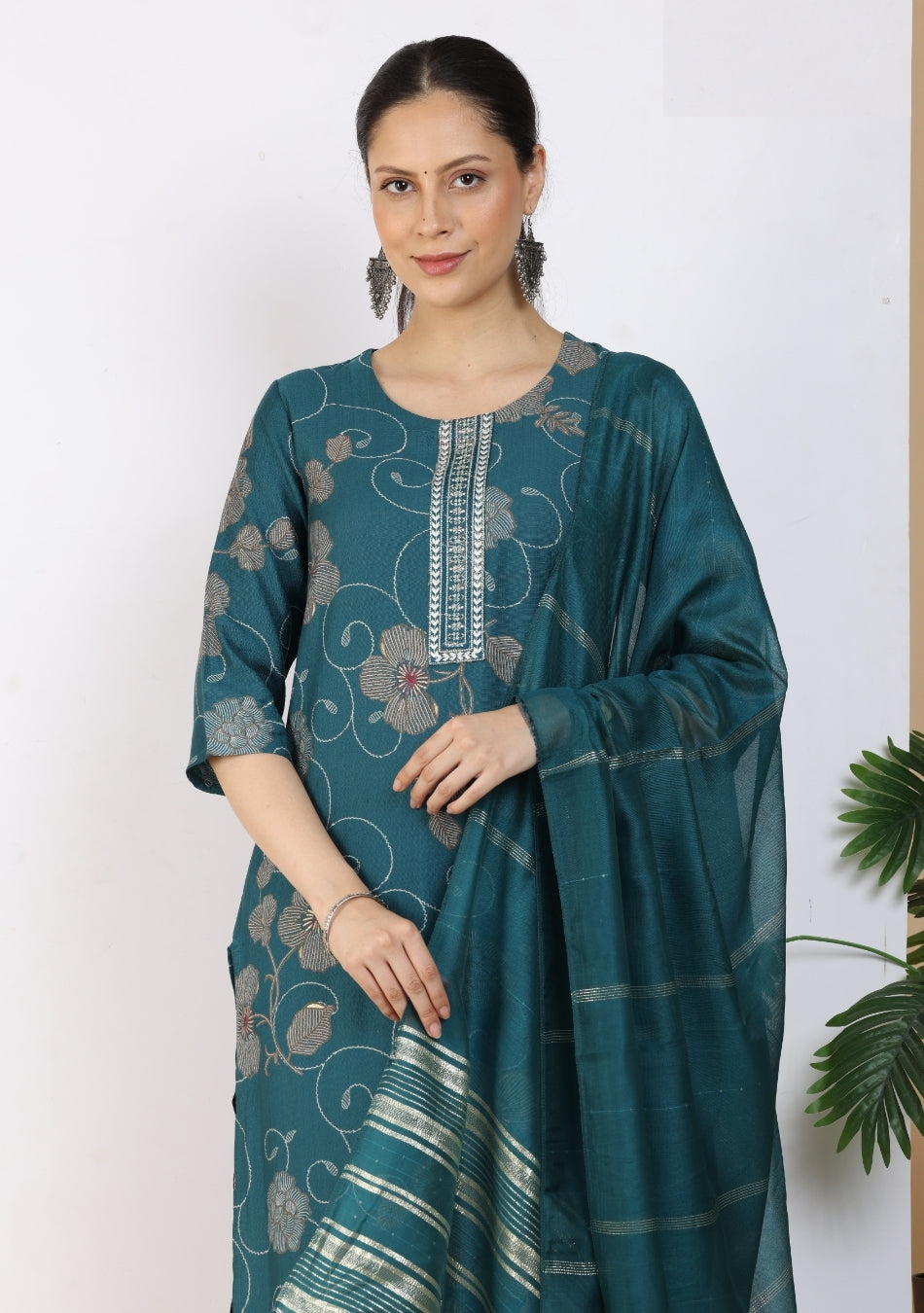 Teal Floral Embroidered Pant Set with Dupatta