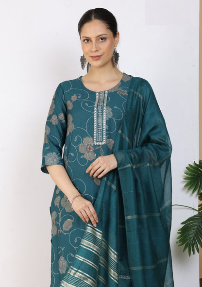 Teal Floral Embroidered Pant Set with Dupatta