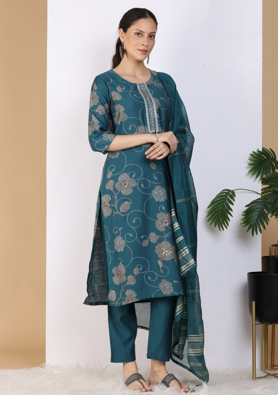 Teal Floral Embroidered Pant Set with Dupatta