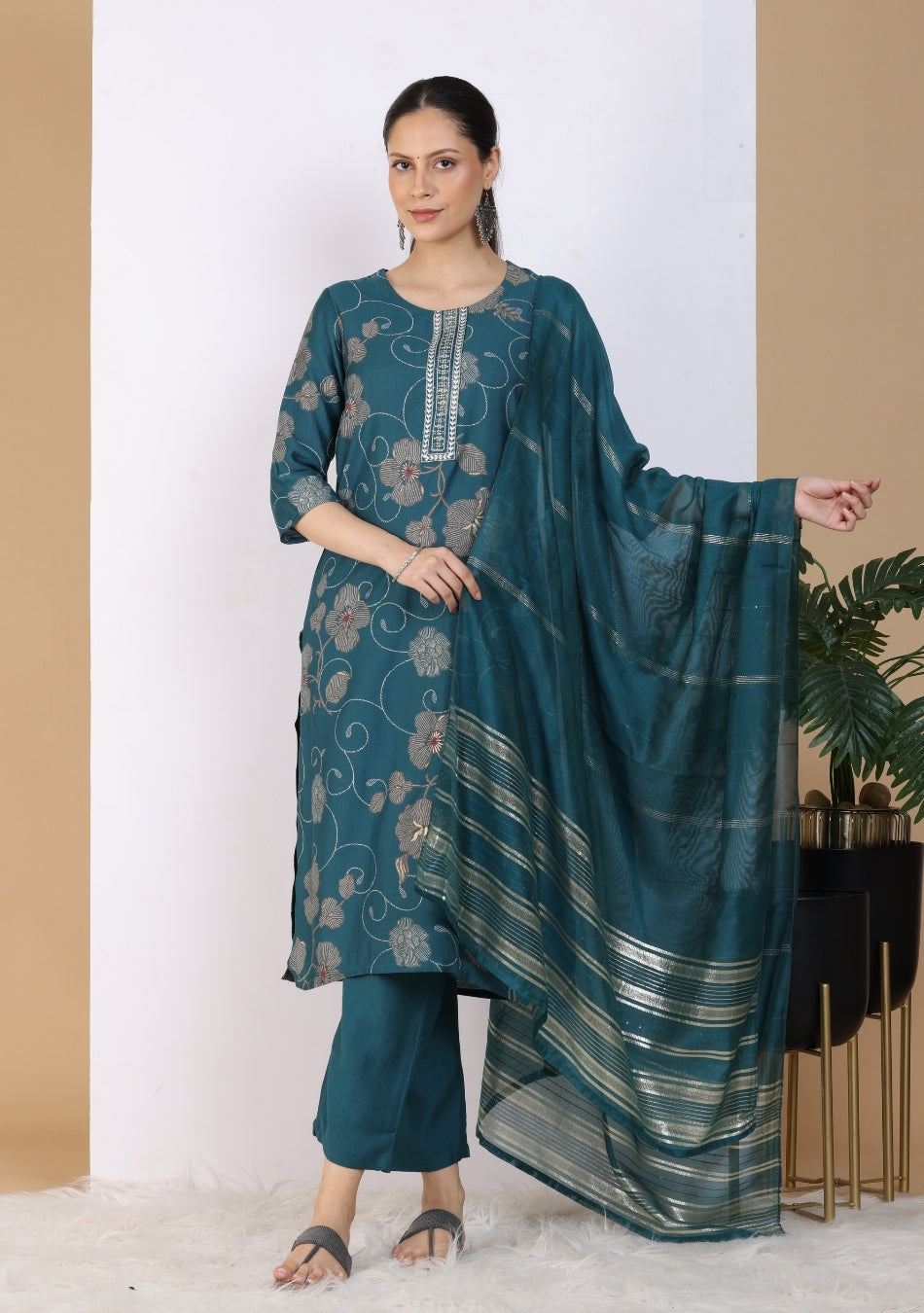 Teal Floral Embroidered Pant Set with Dupatta