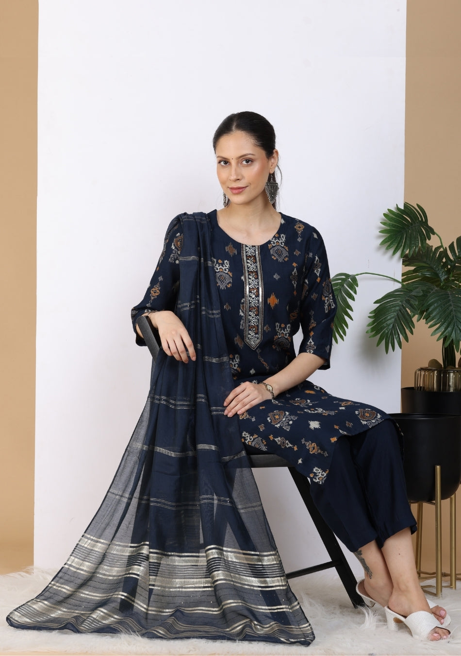 Indigo Motif Ensemble Pant Set with Dupatta