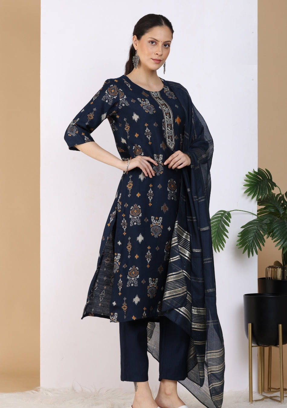 Indigo Motif Ensemble Pant Set with Dupatta