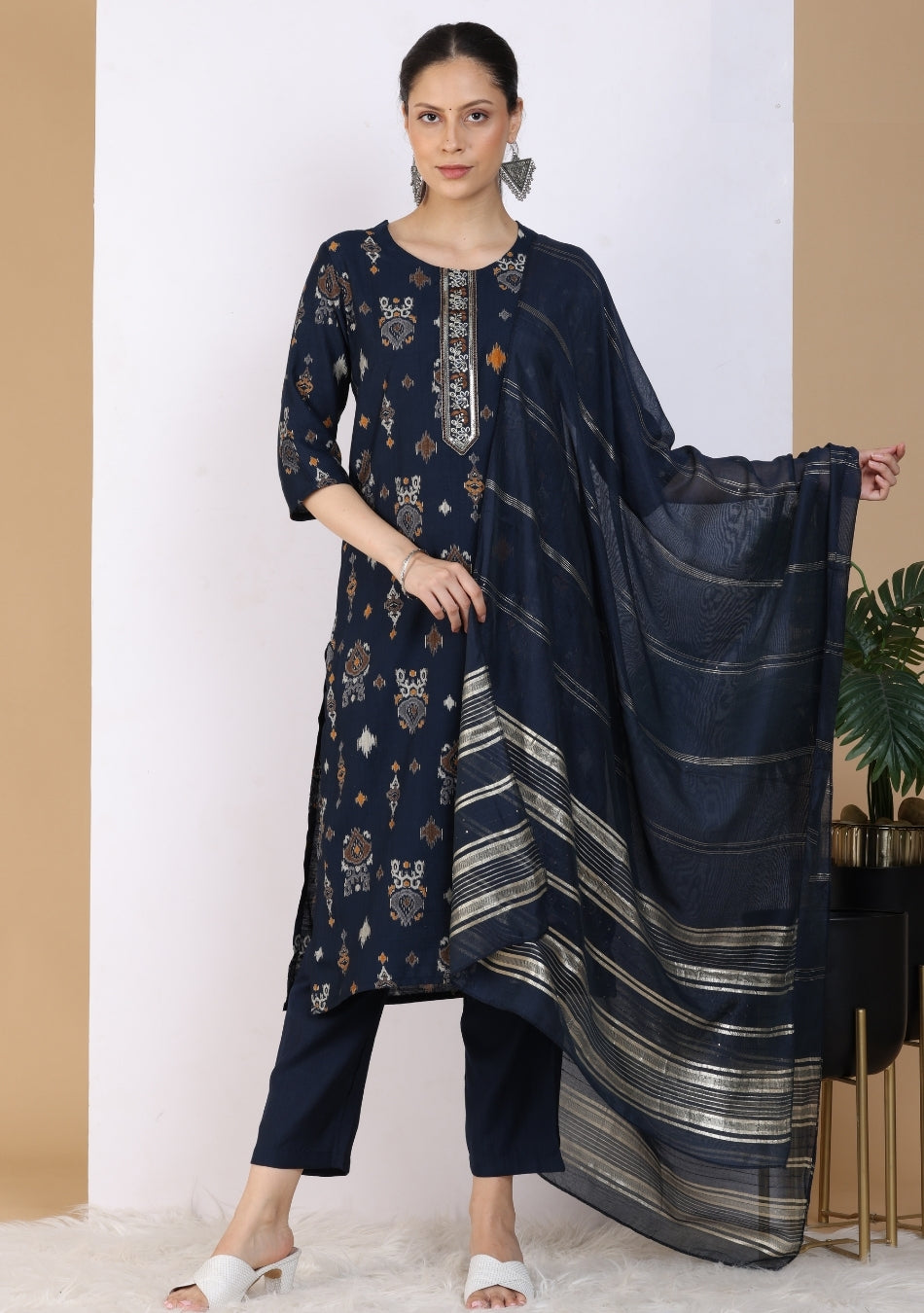 Indigo Motif Ensemble Pant Set with Dupatta