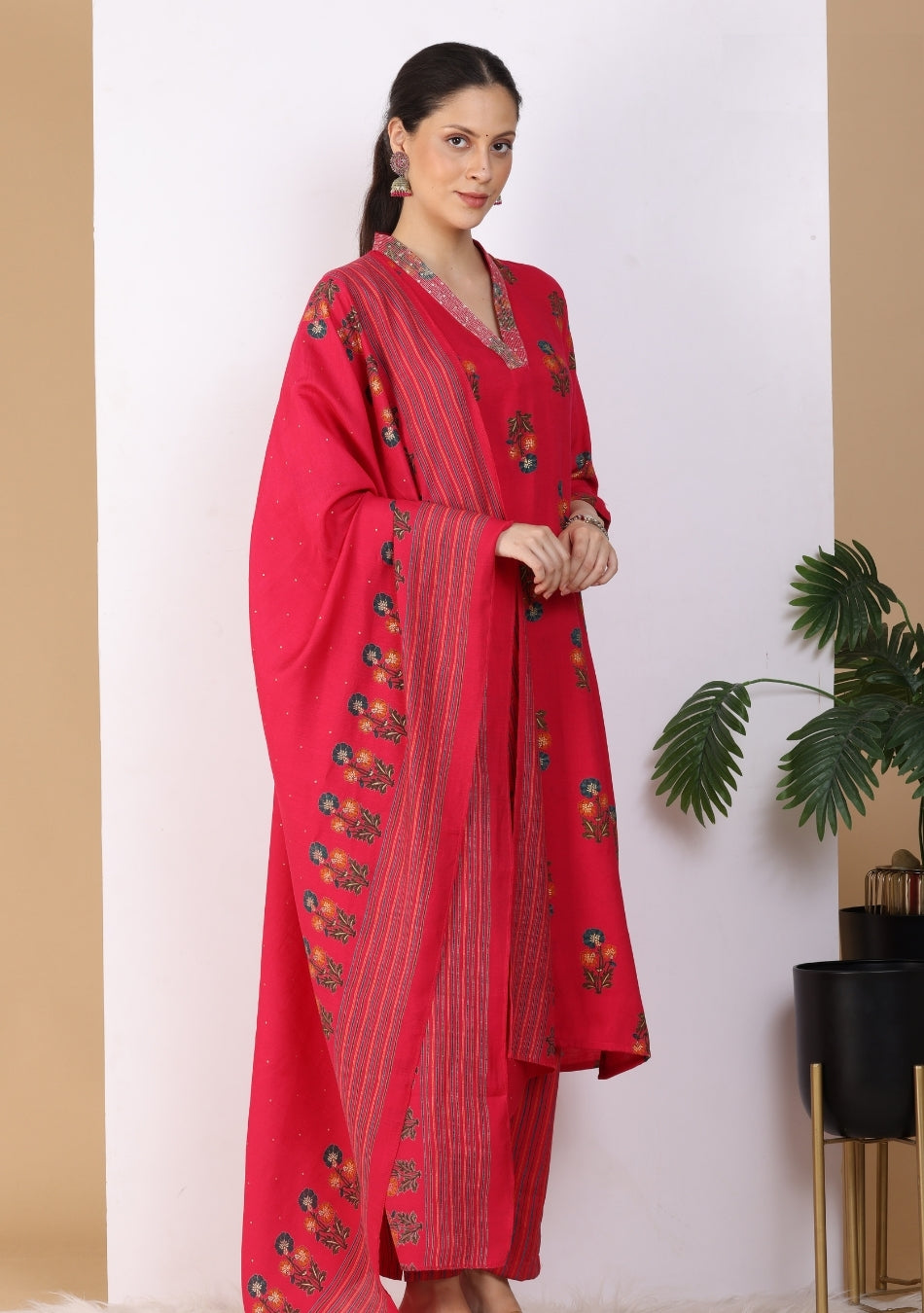 Red Floral Print Pant Set with Dupatta