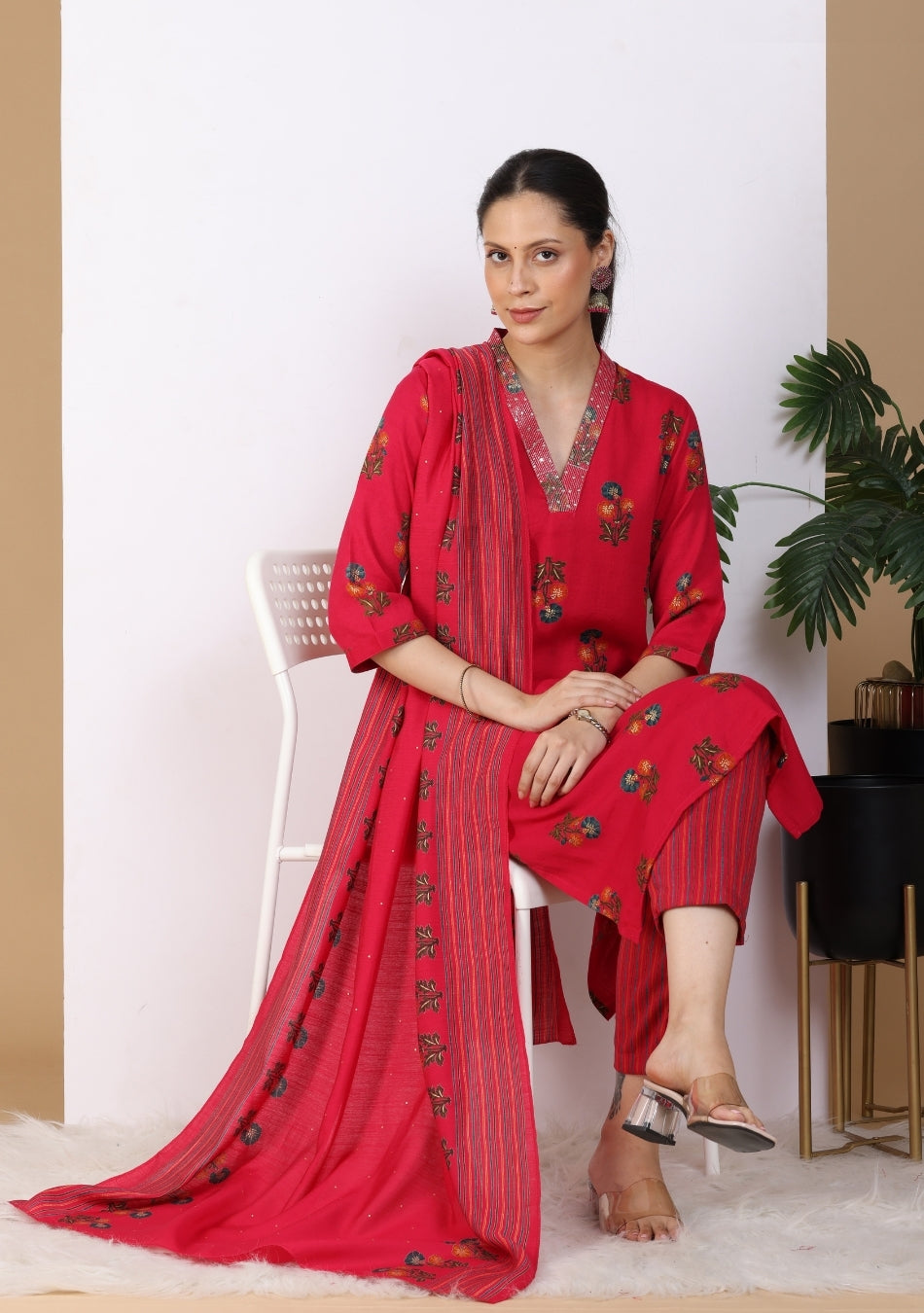 Red Floral Print Pant Set with Dupatta
