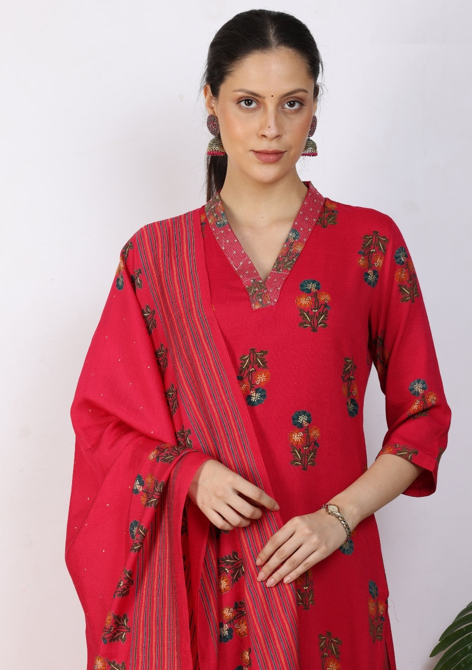 Red Floral Print Pant Set with Dupatta