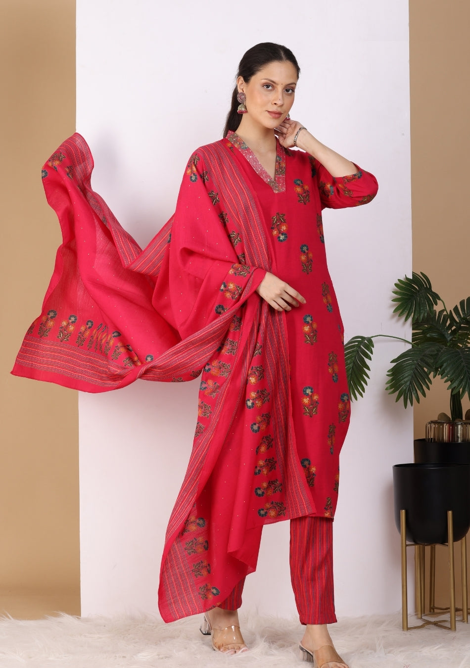 Red Floral Print Pant Set with Dupatta