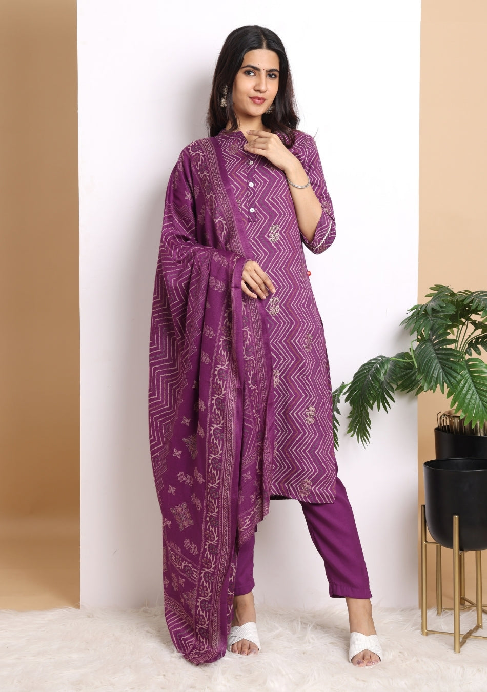 Purple Geometric Print Pant Set with Dupatta
