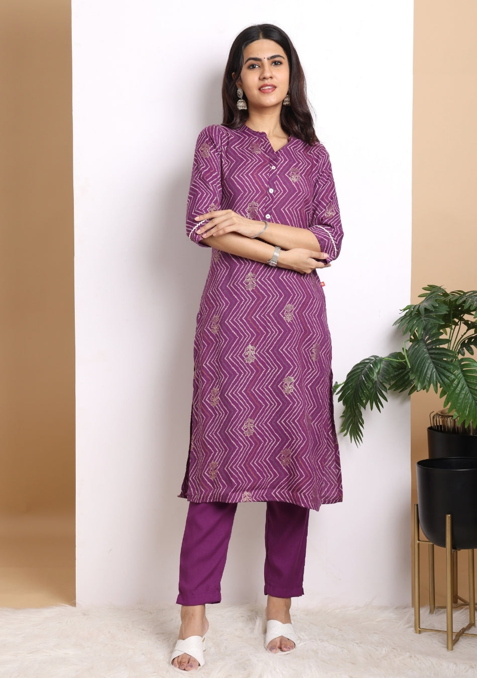 Purple Geometric Print Pant Set with Dupatta