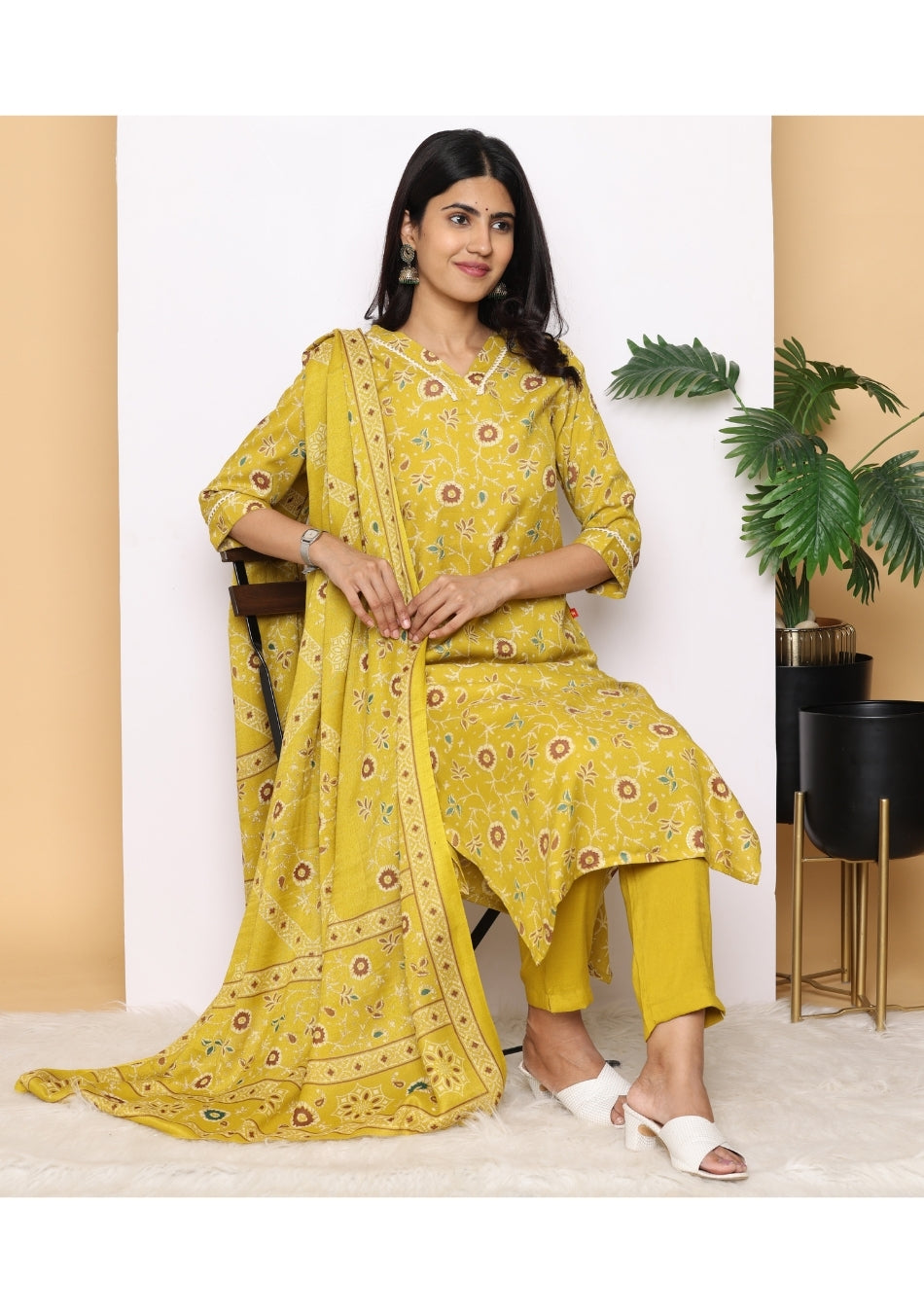 Mustard Floral Pant Set with Dupatta