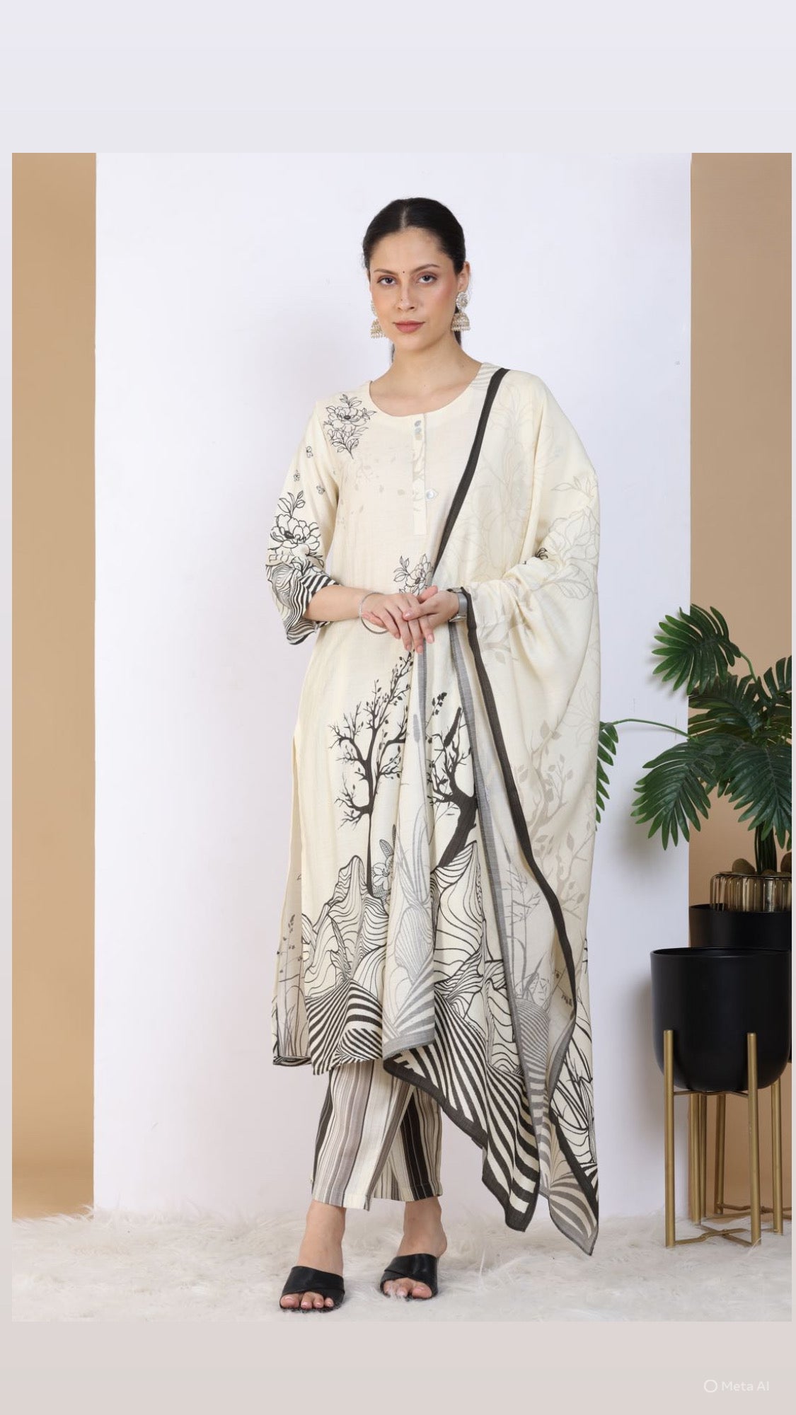 Ivory & Black Meadow Pant Set with Dupatta