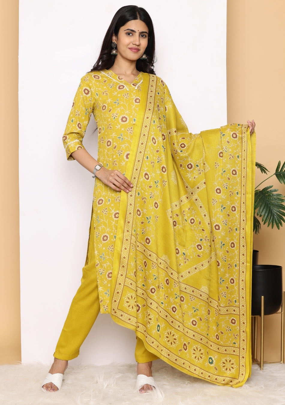 Mustard Floral Pant Set with Dupatta