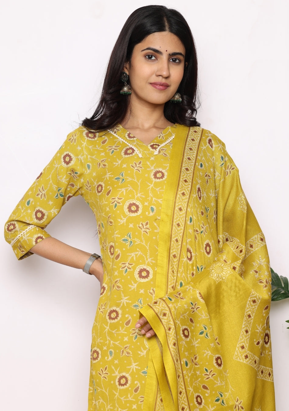 Mustard Floral Pant Set with Dupatta