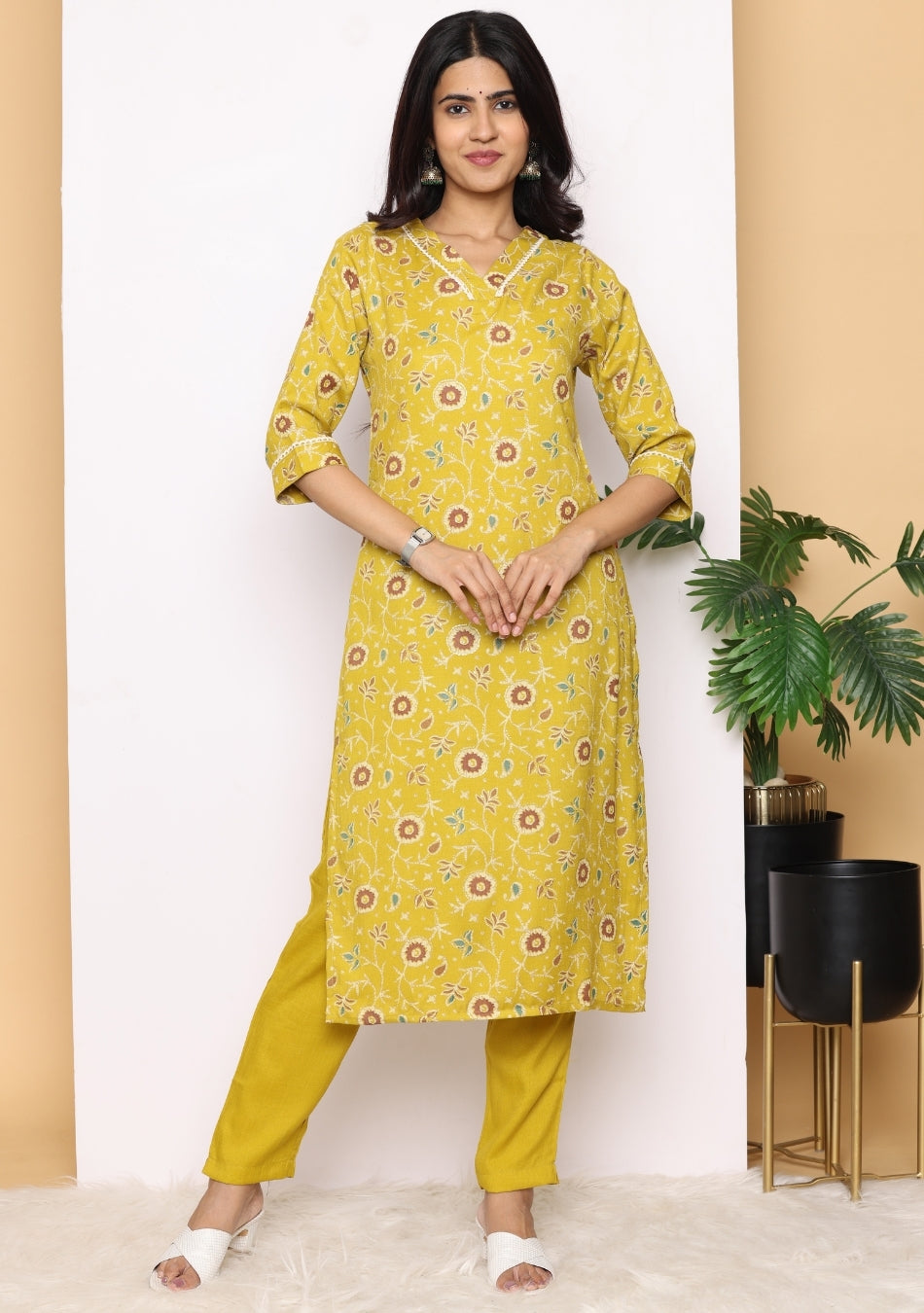 Mustard Floral Pant Set with Dupatta